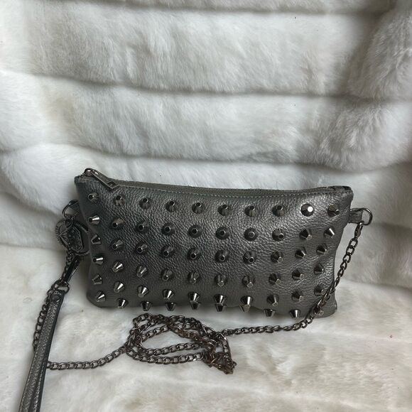 Traci Lynn Gun metal gray crossbody/Clutch handbag with studs accents. - Picture 1 of 9